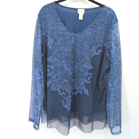 Chico's Tops - Chicos Top Women XL Blue Mesh Overlay V-Neck Long Sleeve Damask Print Blouse